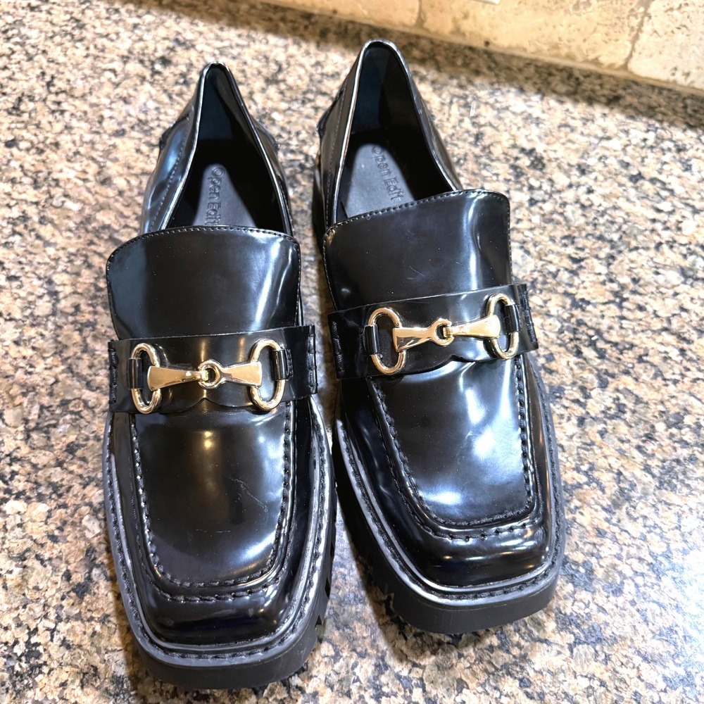 Open Edit Womens Black Lug Sole Horsebit Loafers Size 8.5 Square Toe Chunky